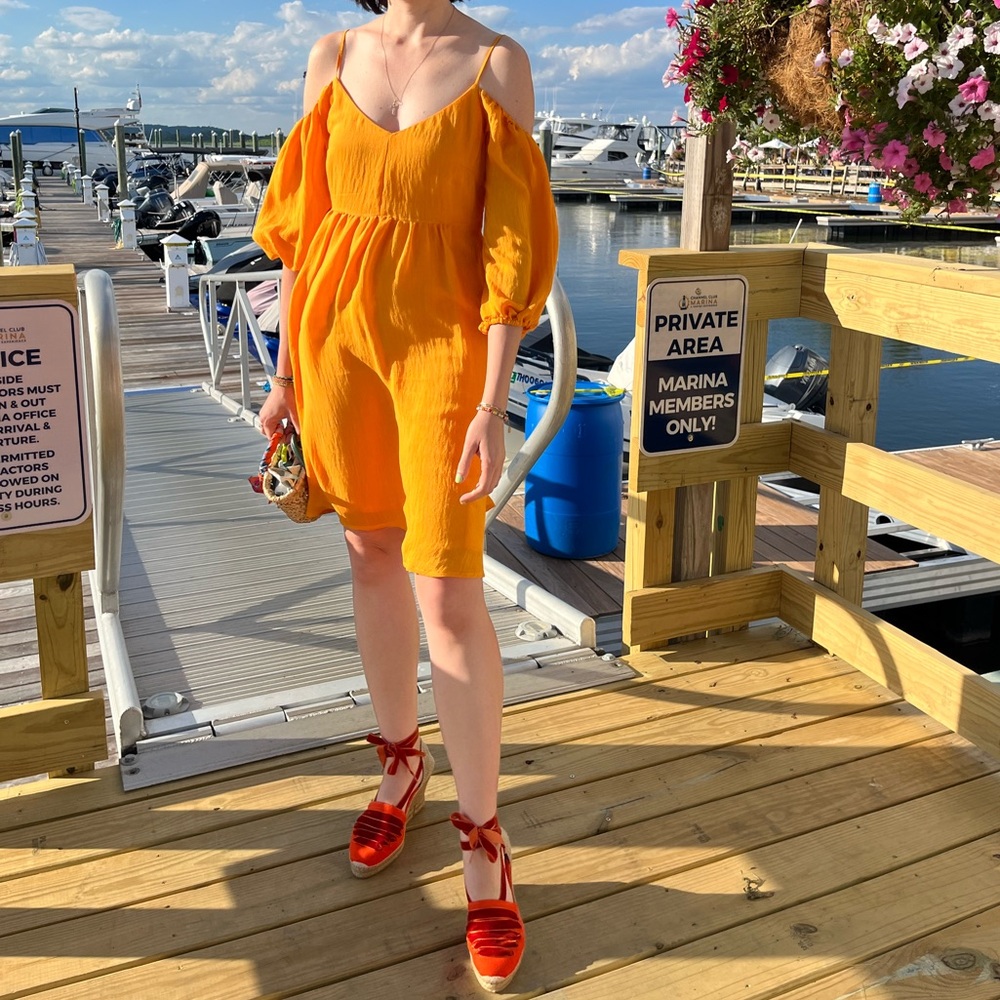 Anthropologie Moulinette Soeurs Off The Shoulder Orange Yellow Dress, size XS